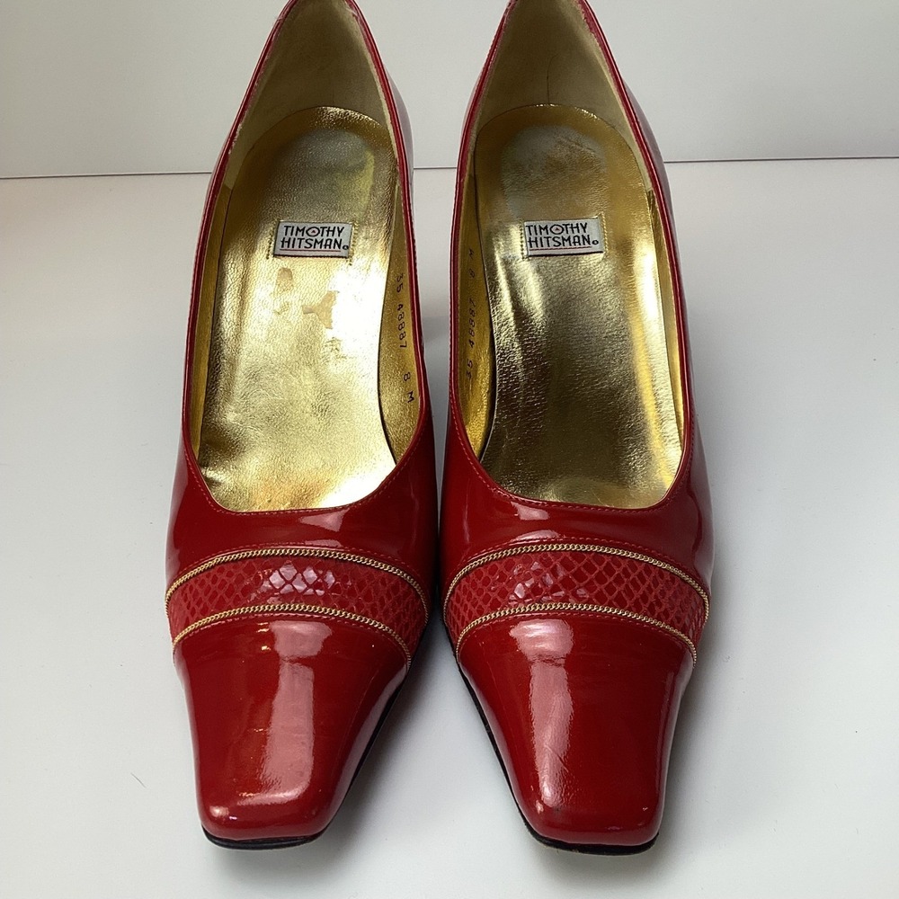 Timothy Hitsman Red Patent Leather Square Toe Heels Pumps Women's Shoes